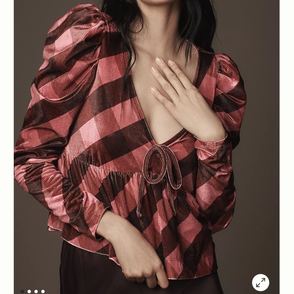 NWT Maeve Velvet Pink Maroon Plaid Puff Sleeve Top Low Cut Size Medium - Picture 2 of 12